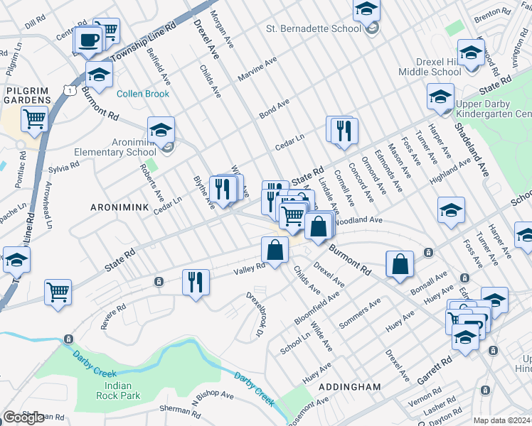 map of restaurants, bars, coffee shops, grocery stores, and more near 743 Childs Avenue in Drexel Hill