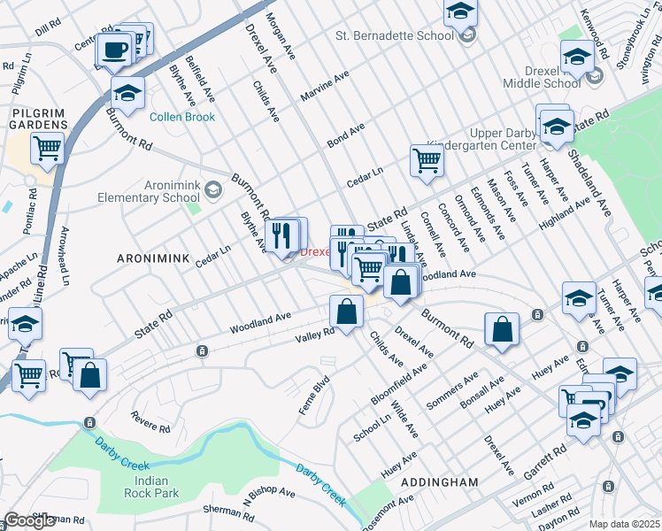 map of restaurants, bars, coffee shops, grocery stores, and more near 801 Wilde Avenue in Drexel Hill