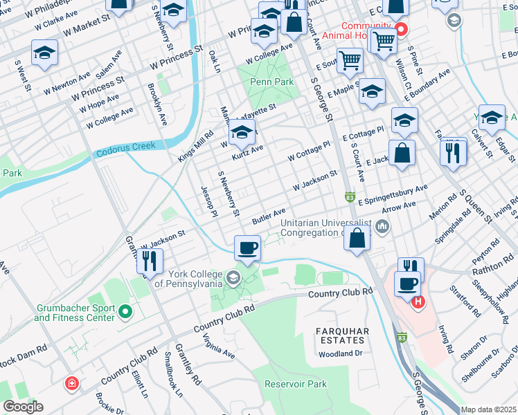 map of restaurants, bars, coffee shops, grocery stores, and more near 247 West Jackson Street in York