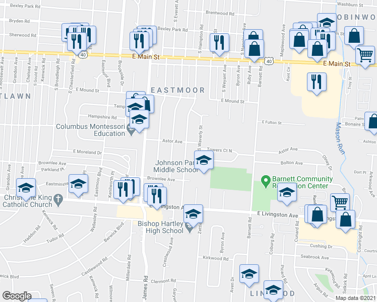 map of restaurants, bars, coffee shops, grocery stores, and more near 3221 Astor Avenue in Columbus