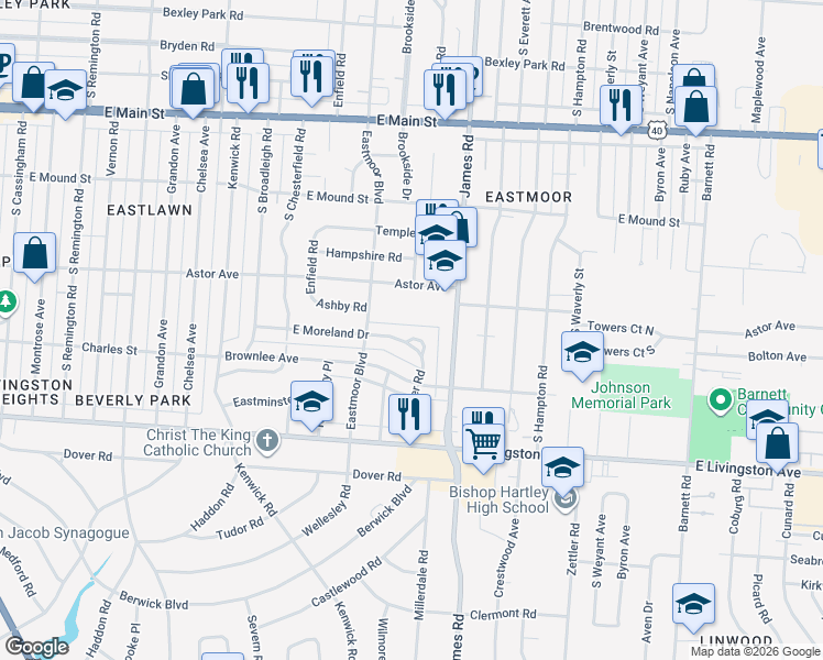 map of restaurants, bars, coffee shops, grocery stores, and more near 979 South James Road in Columbus
