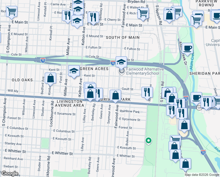 map of restaurants, bars, coffee shops, grocery stores, and more near 780 Seymour Avenue in Columbus