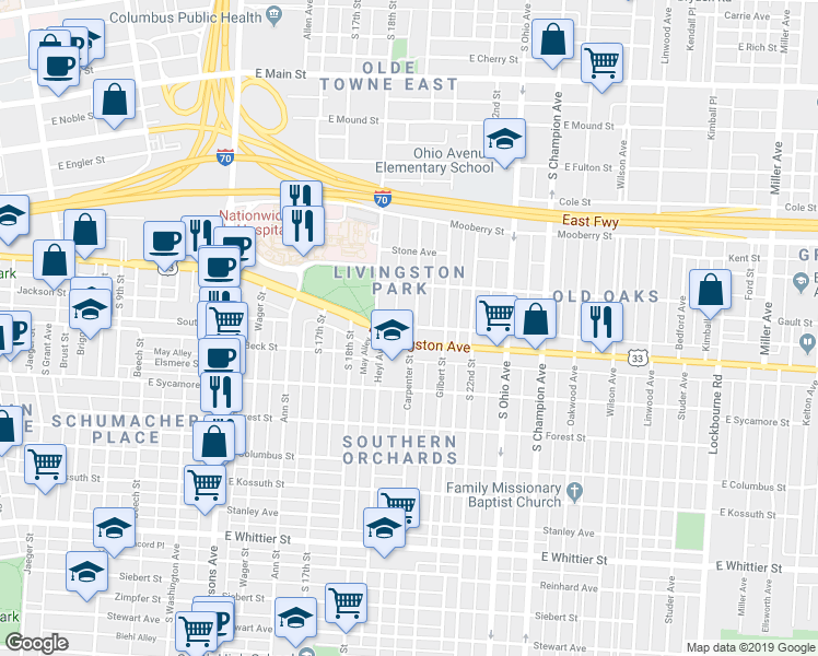 map of restaurants, bars, coffee shops, grocery stores, and more near 671 Carpenter Street in Columbus