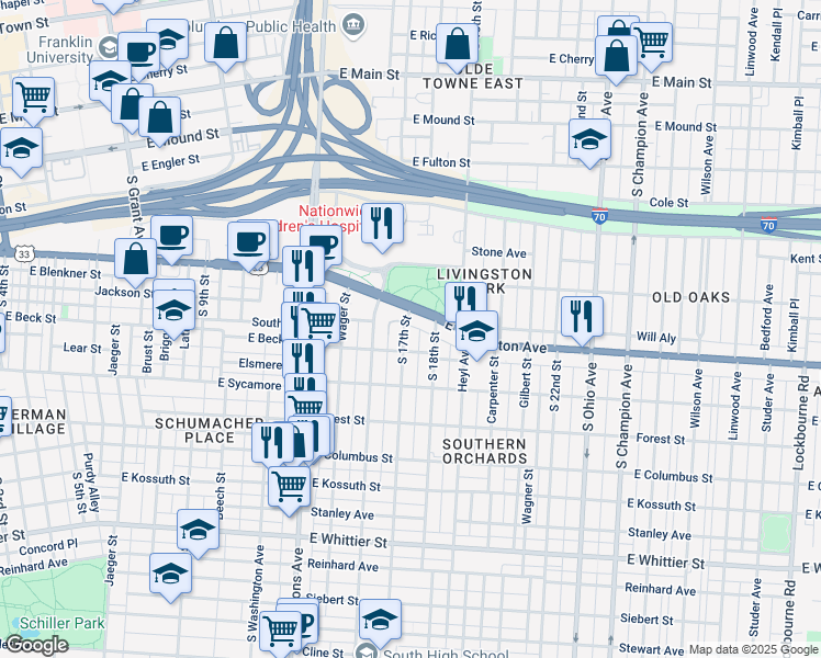 map of restaurants, bars, coffee shops, grocery stores, and more near 733 U.S. 33 in Columbus