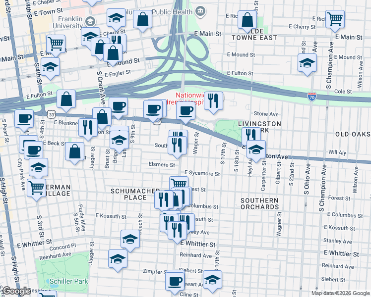 map of restaurants, bars, coffee shops, grocery stores, and more near 635 East Livingston Avenue in Columbus