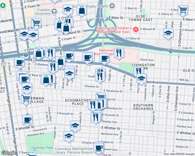 map of restaurants, bars, coffee shops, grocery stores, and more near 647 Parsons Avenue in Columbus