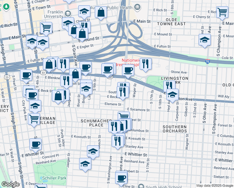 map of restaurants, bars, coffee shops, grocery stores, and more near 647 Parsons Avenue in Columbus