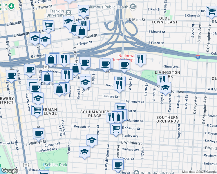 map of restaurants, bars, coffee shops, grocery stores, and more near 627 Lehman Street in Columbus