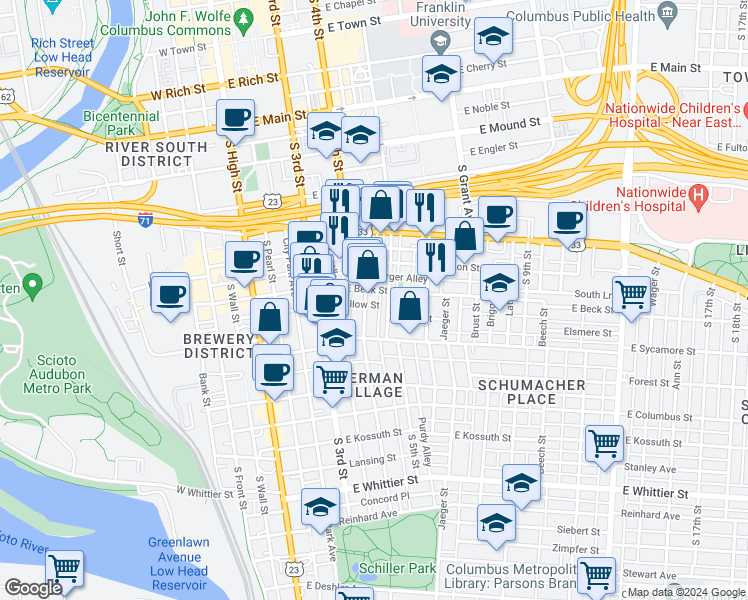 map of restaurants, bars, coffee shops, grocery stores, and more near 180 East Beck Street in Columbus