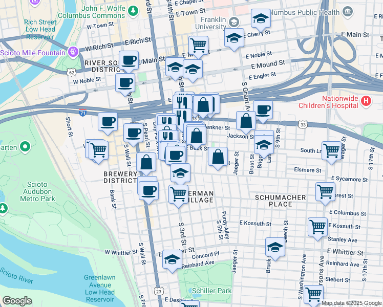 map of restaurants, bars, coffee shops, grocery stores, and more near 180 East Beck Street in Columbus