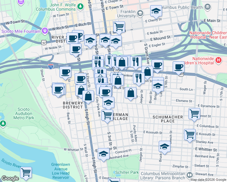map of restaurants, bars, coffee shops, grocery stores, and more near 180 East Beck Street in Columbus