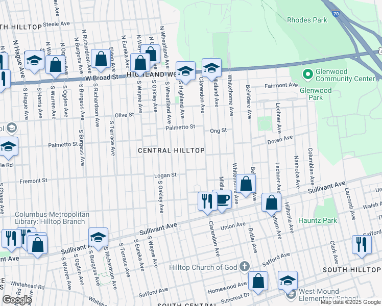 map of restaurants, bars, coffee shops, grocery stores, and more near 219 Clarendon Avenue in Columbus