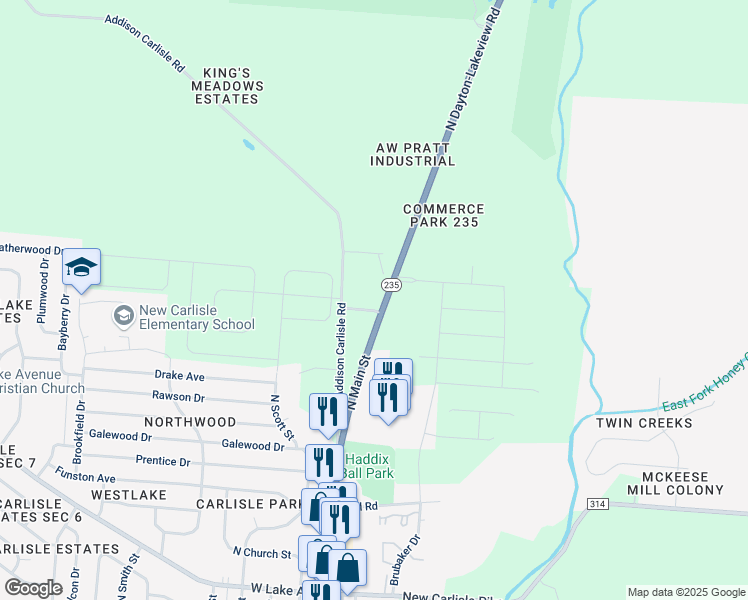map of restaurants, bars, coffee shops, grocery stores, and more near 1885 North Dayton-Lakeview Road in New Carlisle