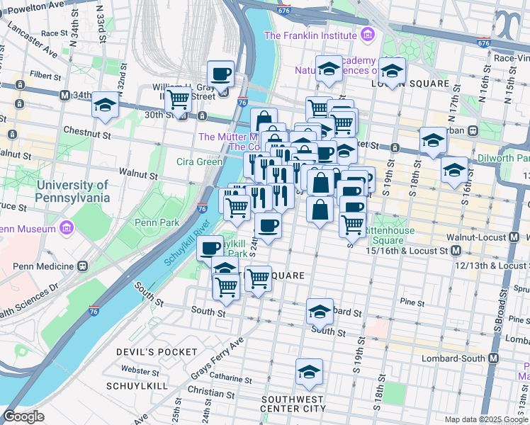 map of restaurants, bars, coffee shops, grocery stores, and more near 222 South Bonsall Street in Philadelphia