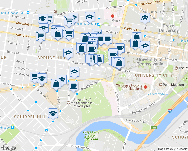 map of restaurants, bars, coffee shops, grocery stores, and more near 3956 Pine Street in Philadelphia