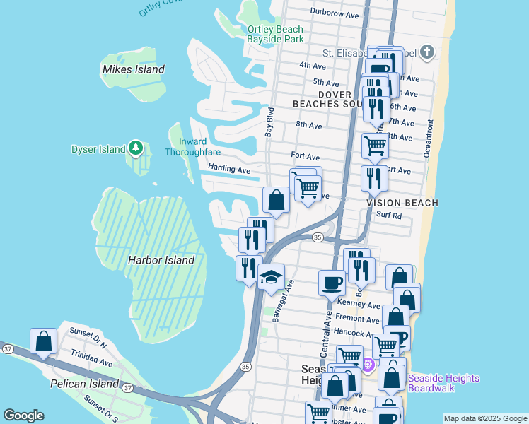 map of restaurants, bars, coffee shops, grocery stores, and more near 1639 Bay Boulevard in Seaside Heights