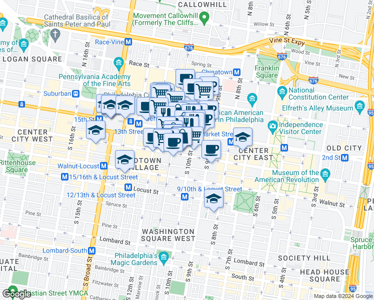 map of restaurants, bars, coffee shops, grocery stores, and more near 1001-13 Chestnut Street in Philadelphia