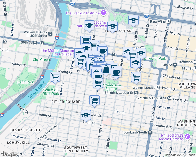 map of restaurants, bars, coffee shops, grocery stores, and more near 2018-32 Walnut Street in Philadelphia