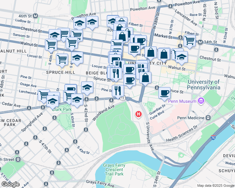 map of restaurants, bars, coffee shops, grocery stores, and more near 3958 Pine Street in Philadelphia