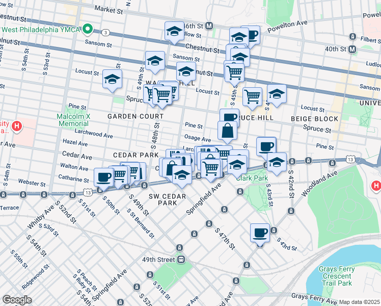map of restaurants, bars, coffee shops, grocery stores, and more near 4624 Larchwood Avenue in Philadelphia