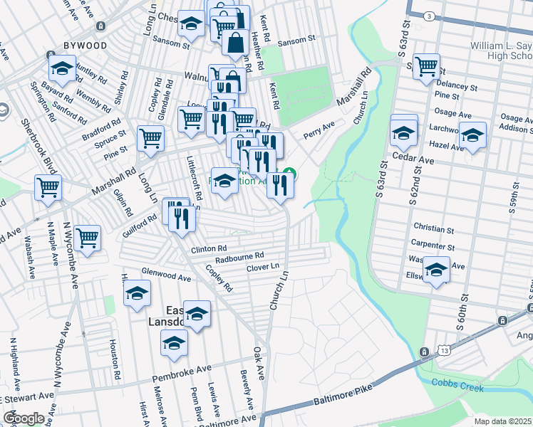 map of restaurants, bars, coffee shops, grocery stores, and more near 6937 Ruskin Lane in Delaware County