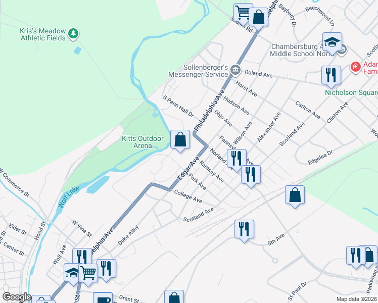 map of restaurants, bars, coffee shops, grocery stores, and more near 1015 Philadelphia Avenue in Chambersburg