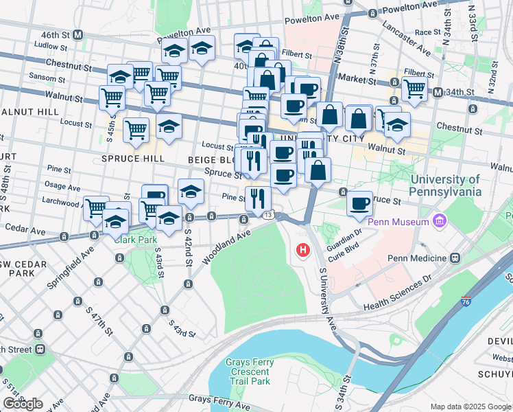 map of restaurants, bars, coffee shops, grocery stores, and more near 3960 Pine Street in Philadelphia