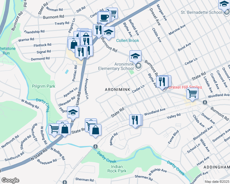 map of restaurants, bars, coffee shops, grocery stores, and more near 948 Mansion Road in Drexel Hill