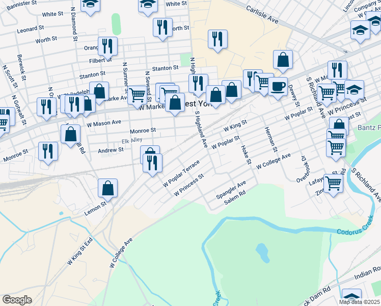 map of restaurants, bars, coffee shops, grocery stores, and more near 1452 West King Street in York