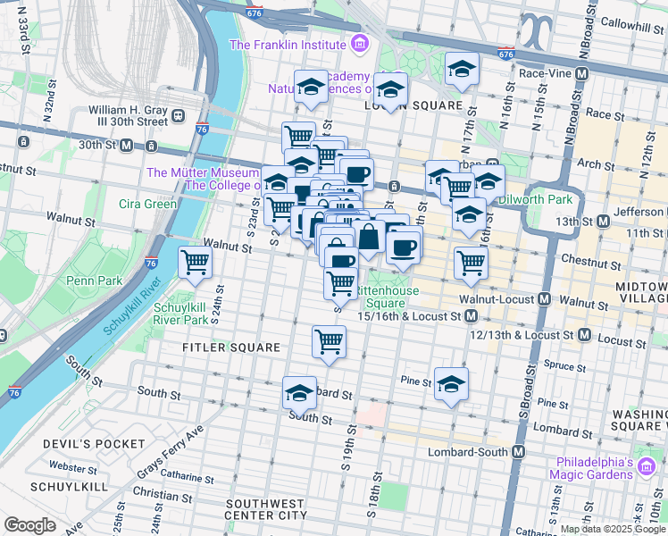 map of restaurants, bars, coffee shops, grocery stores, and more near 2010 Walnut Street in Philadelphia