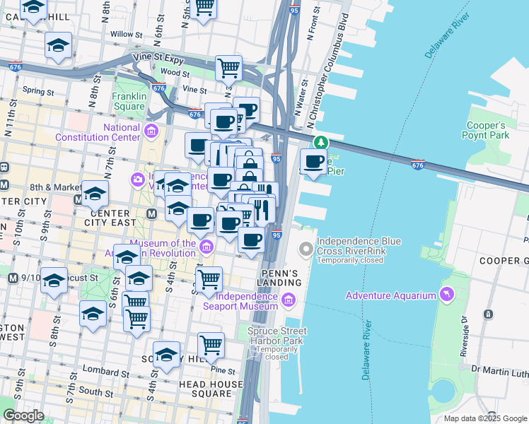 map of restaurants, bars, coffee shops, grocery stores, and more near 22 North Front Street in Philadelphia