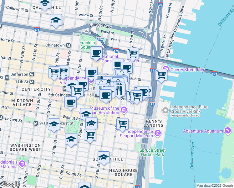 map of restaurants, bars, coffee shops, grocery stores, and more near 21 North 4th Street in Philadelphia