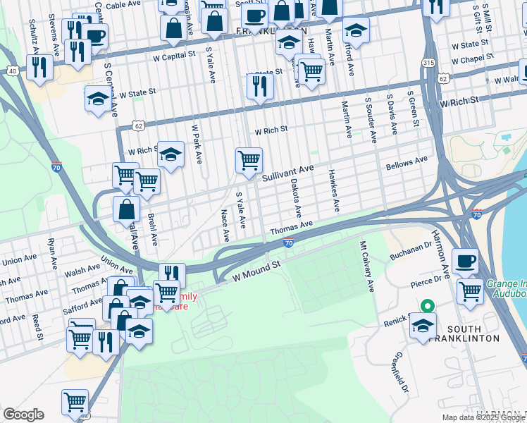map of restaurants, bars, coffee shops, grocery stores, and more near 400 South Glenwood Avenue in Columbus