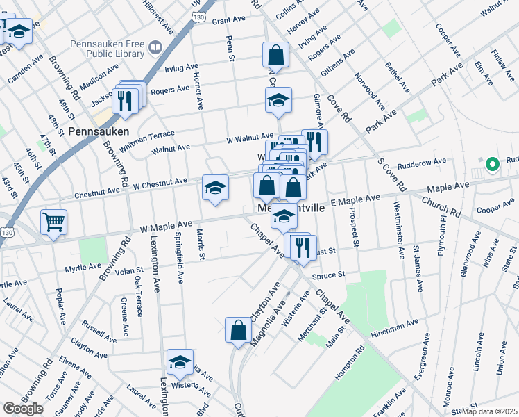 map of restaurants, bars, coffee shops, grocery stores, and more near 33 Alexander Avenue in Merchantville