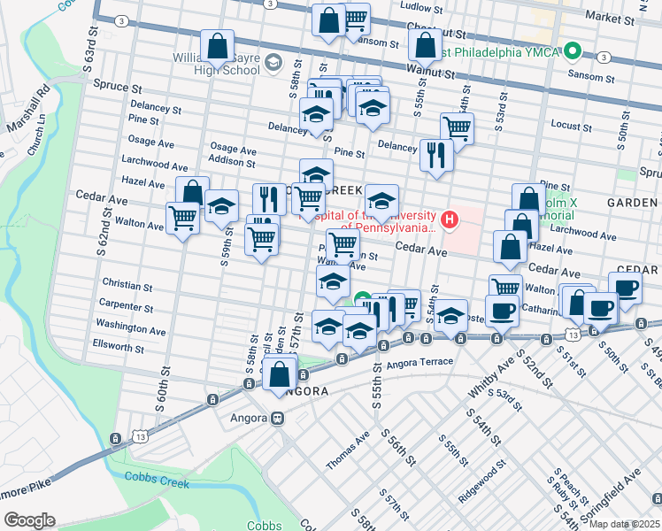map of restaurants, bars, coffee shops, grocery stores, and more near 5626 Walton Avenue in Philadelphia
