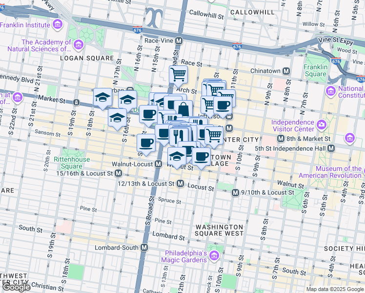 map of restaurants, bars, coffee shops, grocery stores, and more near in Philadelphia
