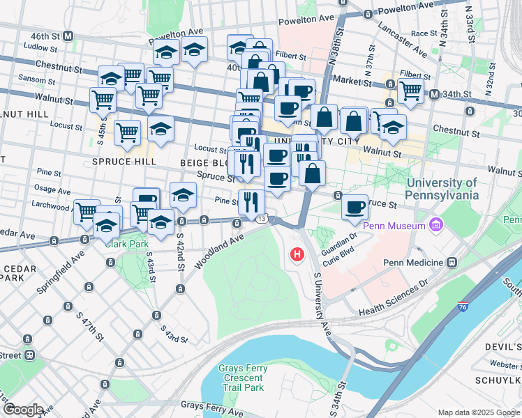 map of restaurants, bars, coffee shops, grocery stores, and more near 3940 Pine Street in Philadelphia