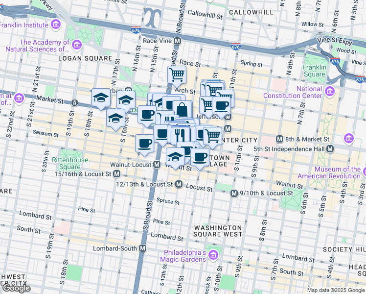 map of restaurants, bars, coffee shops, grocery stores, and more near 1300 Chestnut Street in Philadelphia