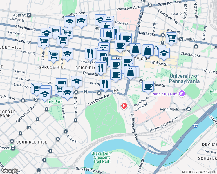 map of restaurants, bars, coffee shops, grocery stores, and more near 3942 Pine Street in Philadelphia