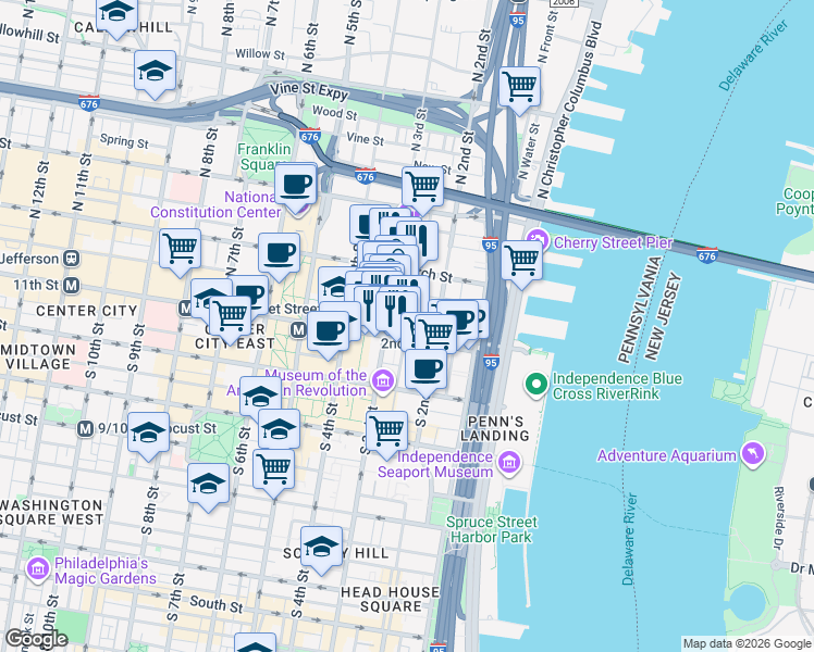 map of restaurants, bars, coffee shops, grocery stores, and more near 30 North 3rd Street in Philadelphia