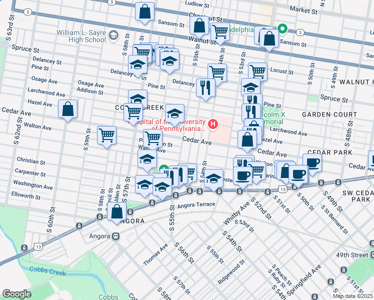 map of restaurants, bars, coffee shops, grocery stores, and more near 628 South Conestoga Street in Philadelphia