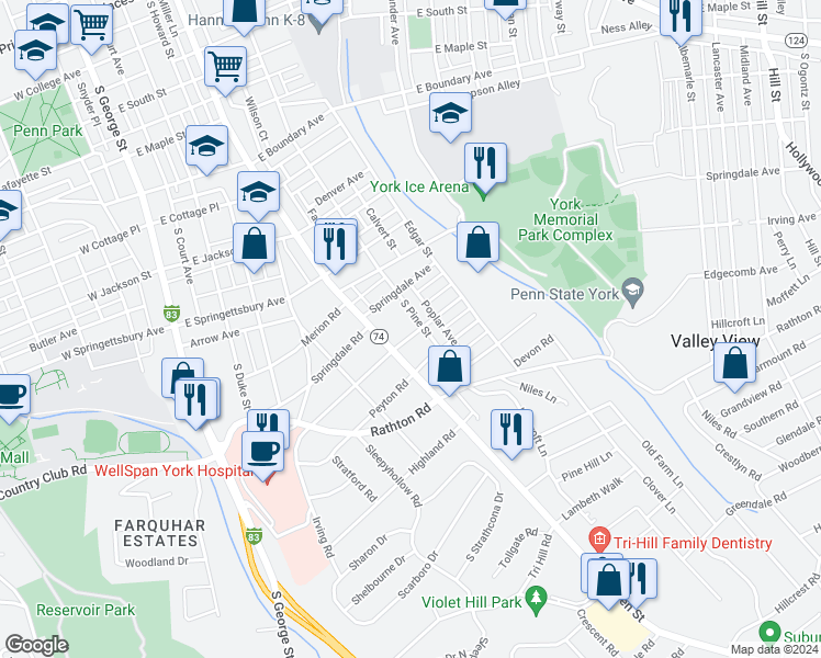 map of restaurants, bars, coffee shops, grocery stores, and more near 219 Irving Road in York
