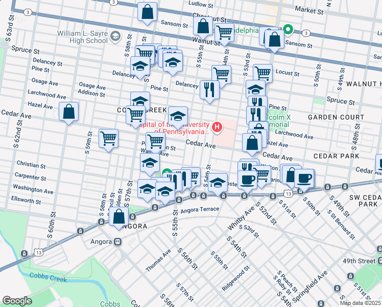 map of restaurants, bars, coffee shops, grocery stores, and more near 628 South Conestoga Street in Philadelphia