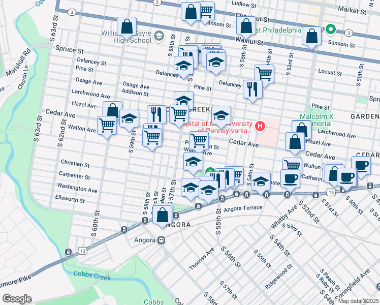 map of restaurants, bars, coffee shops, grocery stores, and more near 5611 Pemberton Street in Philadelphia