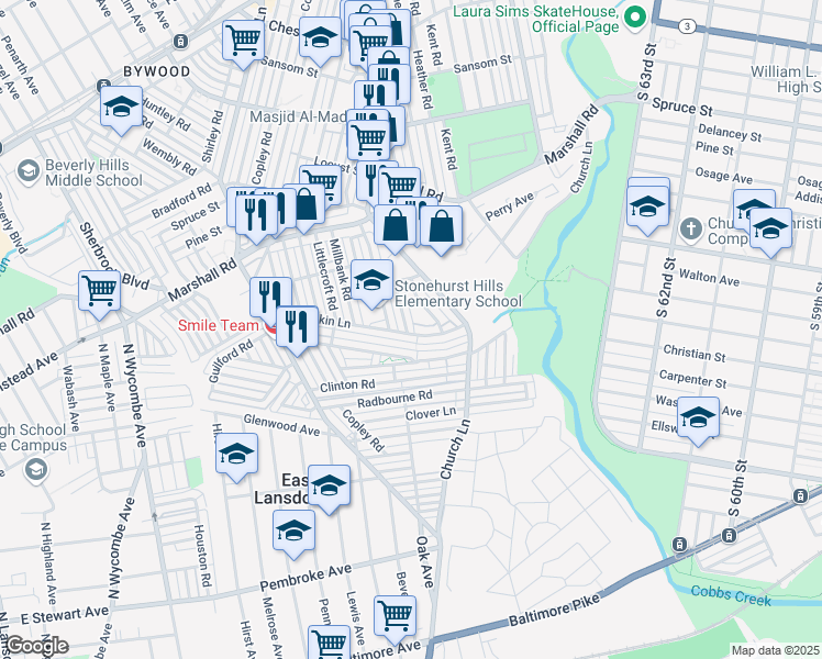 map of restaurants, bars, coffee shops, grocery stores, and more near 597 Snowden Road in Upper Darby