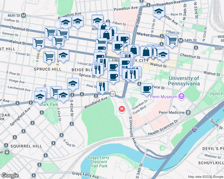 map of restaurants, bars, coffee shops, grocery stores, and more near Pine St & S 39th St in Philadelphia