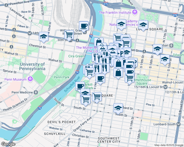 map of restaurants, bars, coffee shops, grocery stores, and more near 2400 Walnut Street in Philadelphia