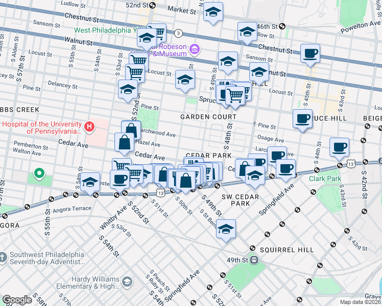 map of restaurants, bars, coffee shops, grocery stores, and more near 4924 Hazel Avenue in Philadelphia
