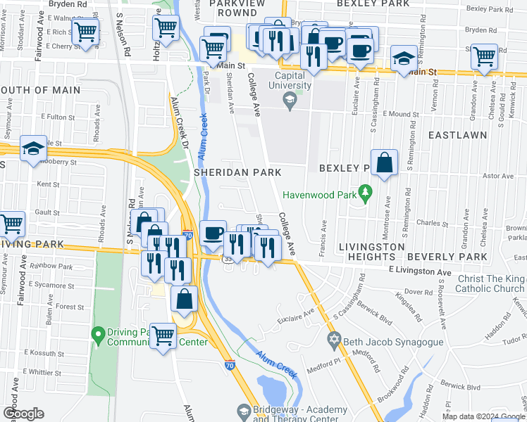 map of restaurants, bars, coffee shops, grocery stores, and more near 882 Sheridan Avenue in Bexley