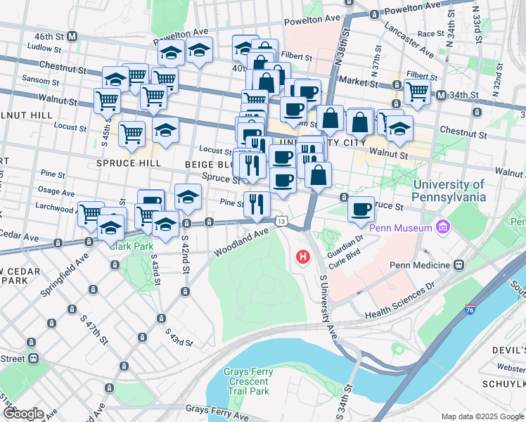 map of restaurants, bars, coffee shops, grocery stores, and more near 3946 Pine Street in Philadelphia